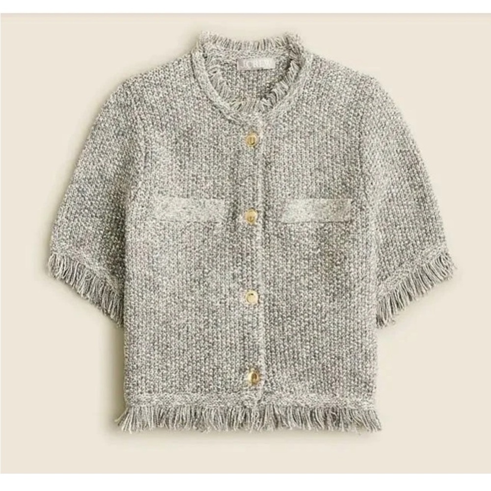 J. Crew Short Sleeve Iconic Lady Jacket Cropped fringe-trim marl yarn Small NEW